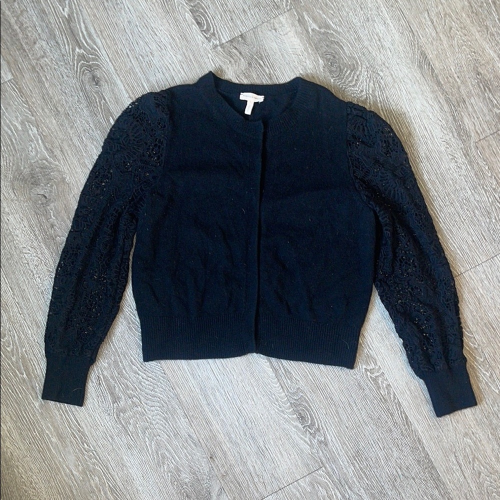 Rebecca Taylor black size large Lace Sleeve Cardigan sweater wool blend
